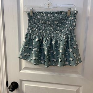 Strapless sage green and floral top.